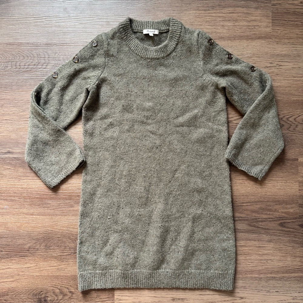 Madewell Olive Green Button Shoulder Knit Sweater Dress Size Small